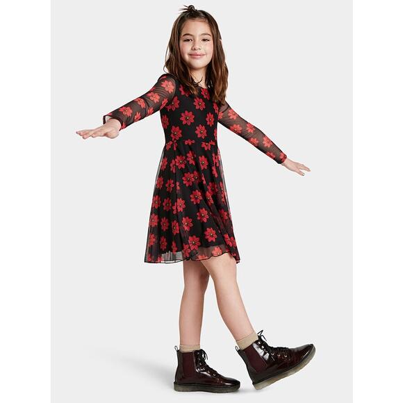 Desigual Girls Dress Size 13/14 Red Daisy Flowers Mesh Black Long Sleeve - Picture 2 of 8